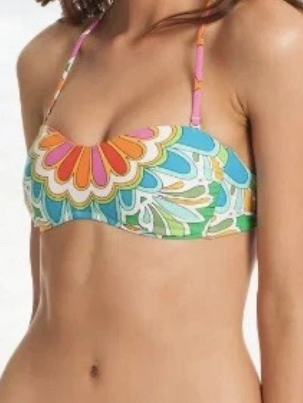 Trina Turk Multicolor Floral Bandeau Bikini Top in Blue/Green Retro Design Sz4